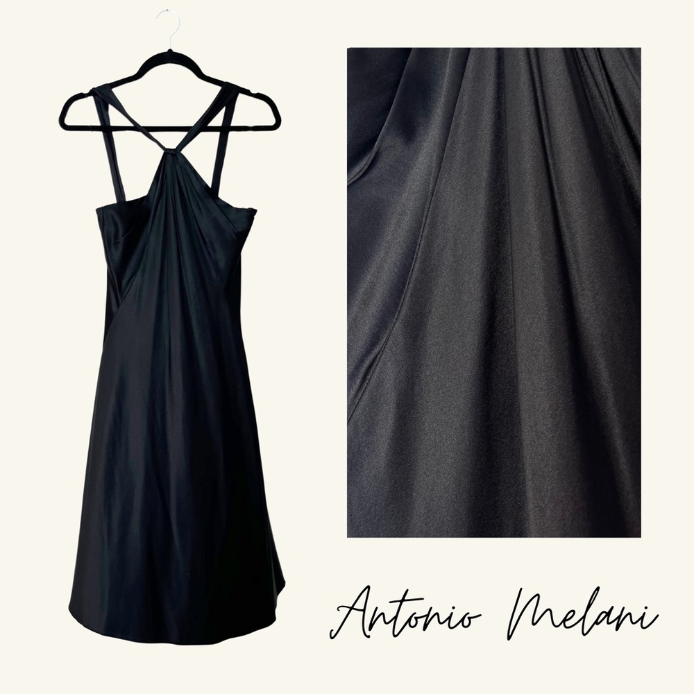 🖤 Antonio Melani Black Silk Knot-Front Halter Cocktail Midi Dress – 6, Like New
